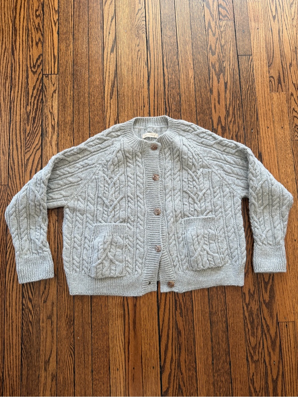CORDERA Grey Cable Knit Wool Alpaca Cardigan Patch Pockets OS